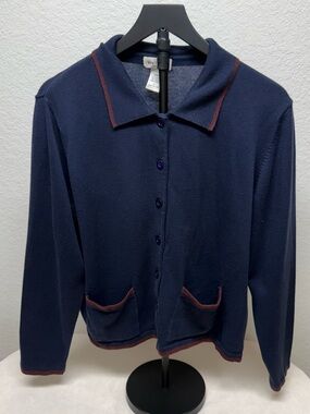 Van Heusen Navy Button-Front Cardigan with Rust Trim